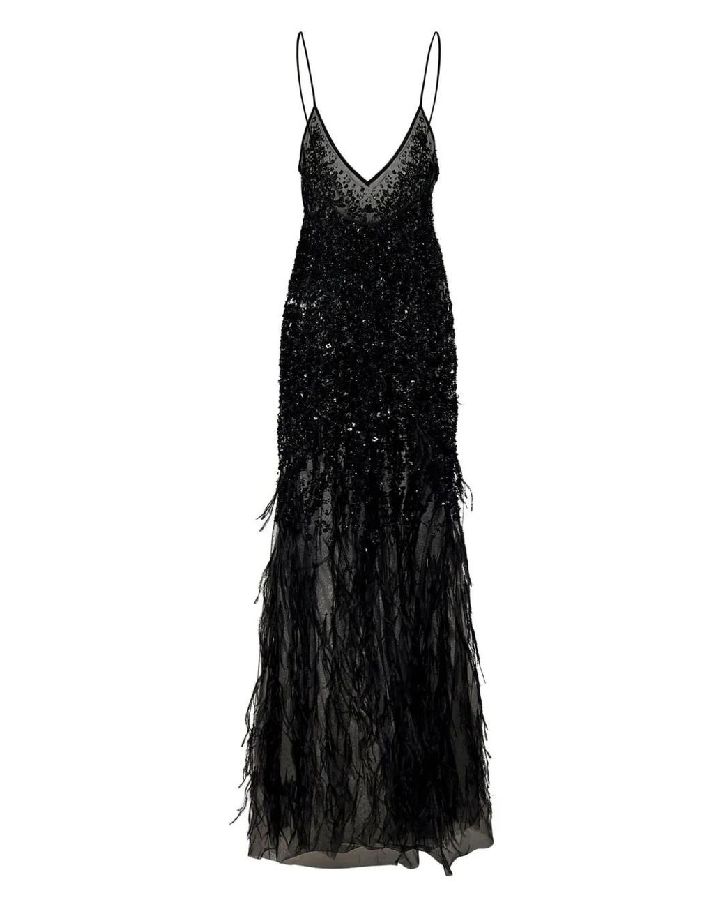 ROOM76 Black Sequin-Feather Embellished V-Neck Dress
