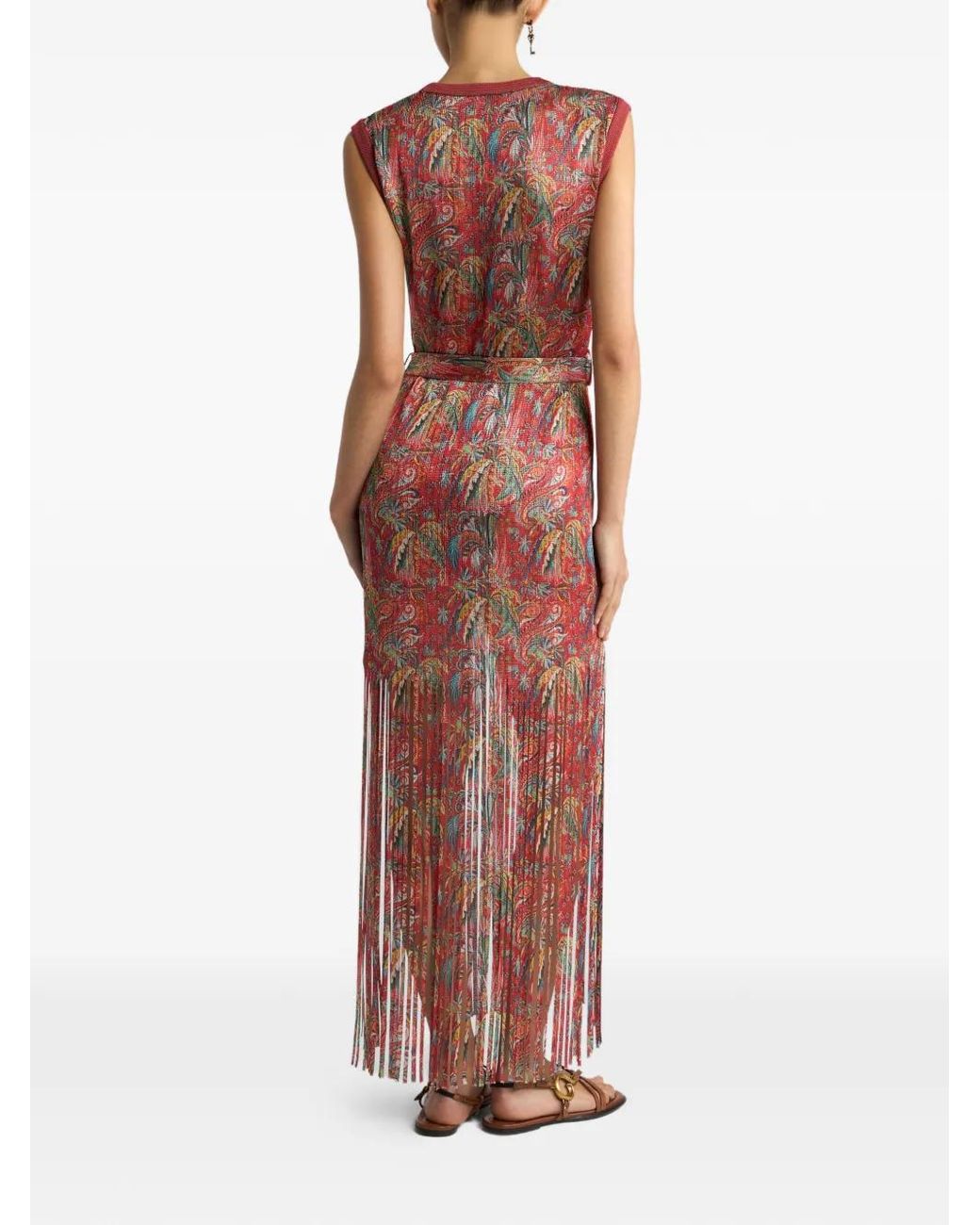 Etro White Robe Longue À Franges Et Motif Cachemire