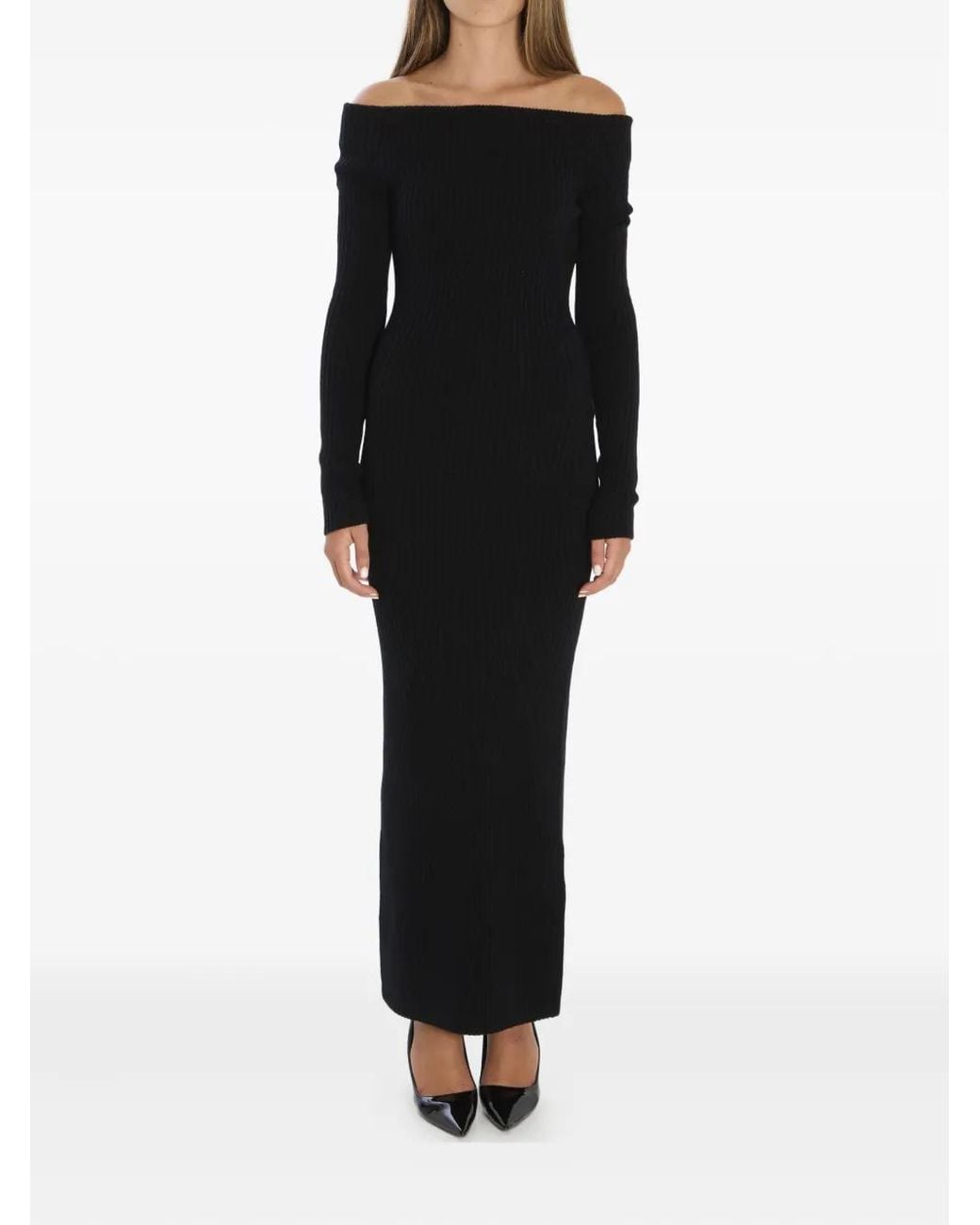 Max Mara Geribbelde Off-Shoulder Maxi-Jurk in het Black