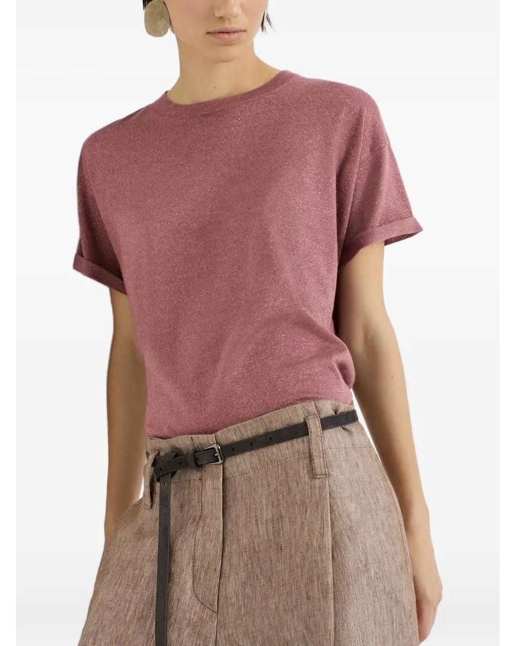 Brunello Cucinelli Pink Sparkling Cashmere And Silk Lightweight Knit T-Shirt