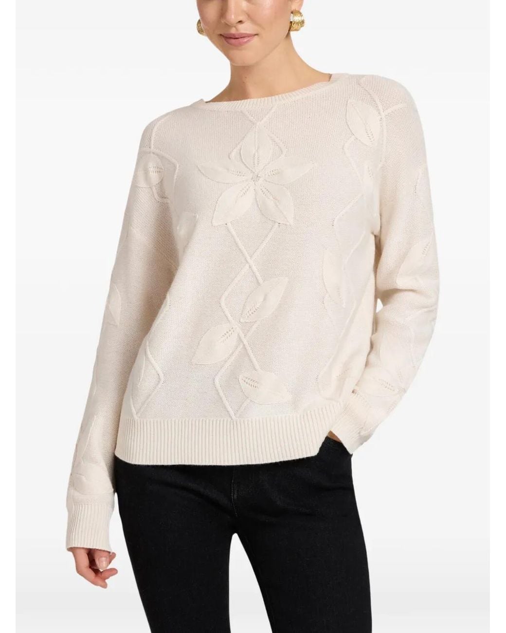 Elena Miro Natural Floral-Intarsia Sweater