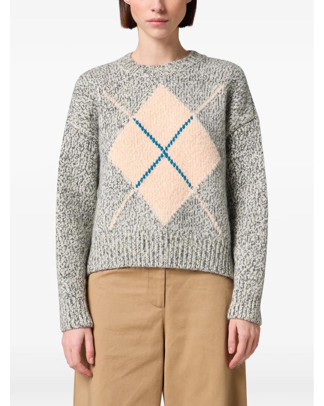 MSGM White Argyle-Pattern Marl-Knit Sweater