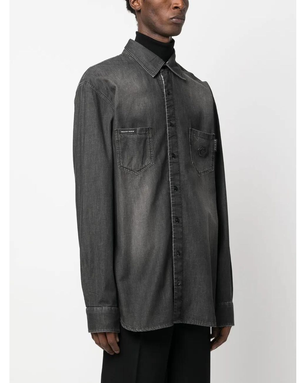Philipp Plein Gray Rhinestone Skull-Print Denim Shirt for men