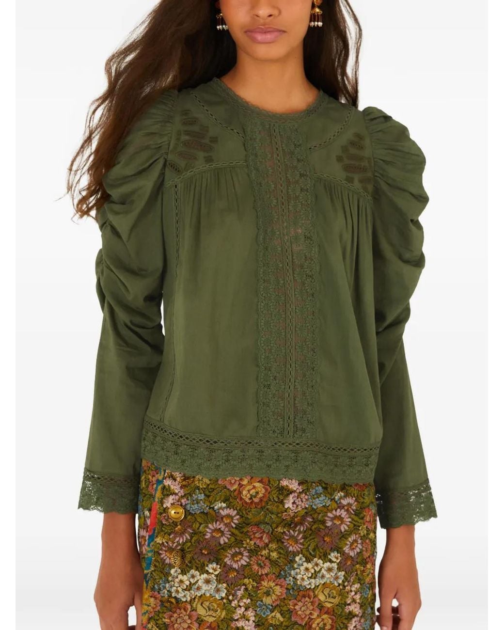 Farm Rio Green Lace Ruched Sleeve Blouse