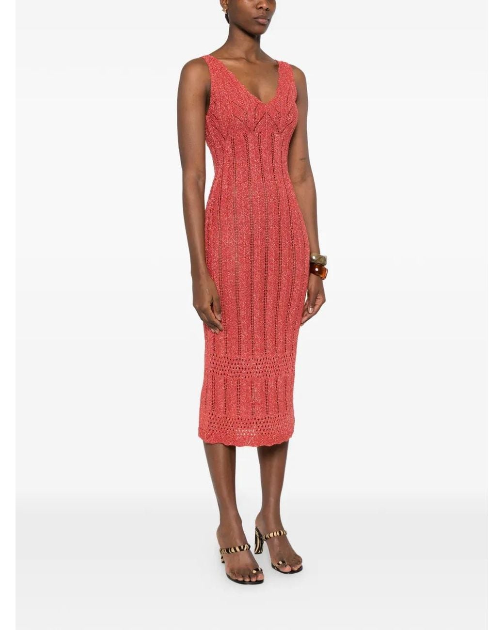 Twinset Red Long Fitted Knit Dress With Lurex