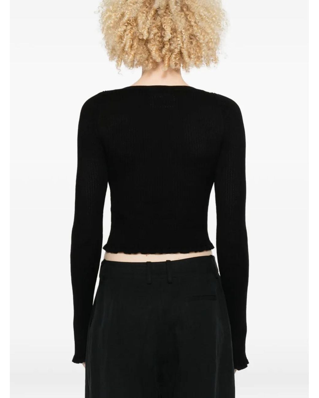 Erika Cavallini Semi Couture Black Ribbed-Knit Lettuce-Hem Sweater