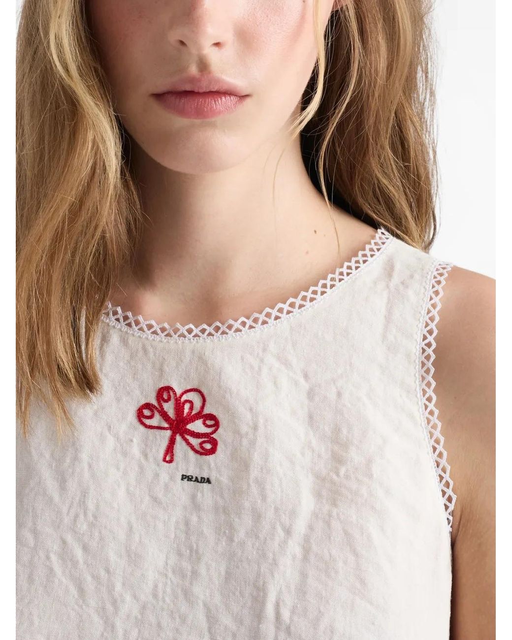 Prada White Embroidered Slubbed Canvas Mini-Dress