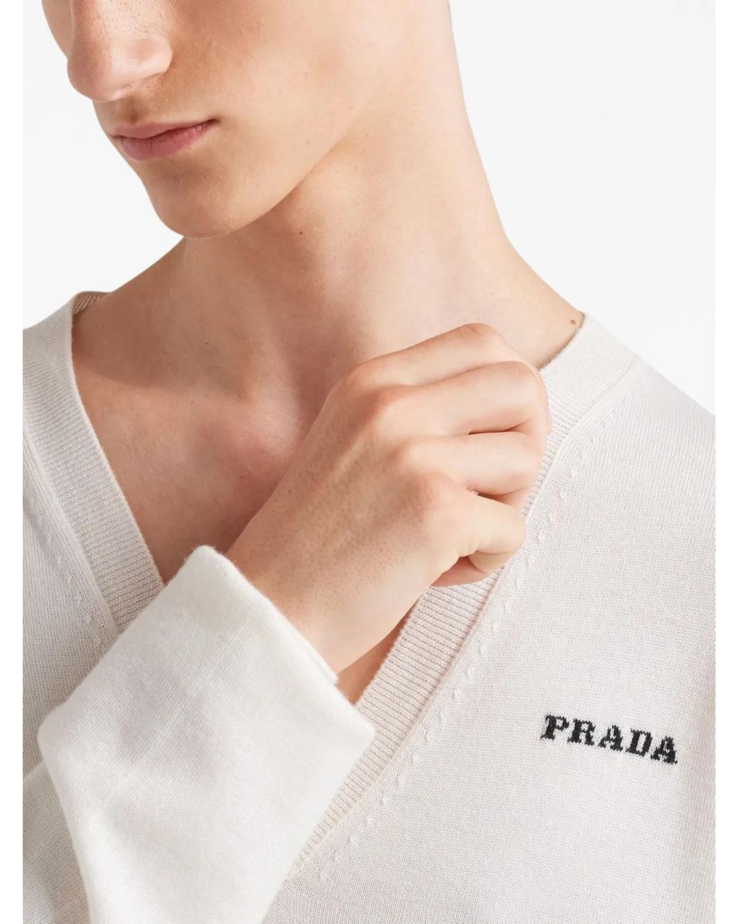 Prada Kaschmirpullover Mit V-Ausschnitt in White für Herren
