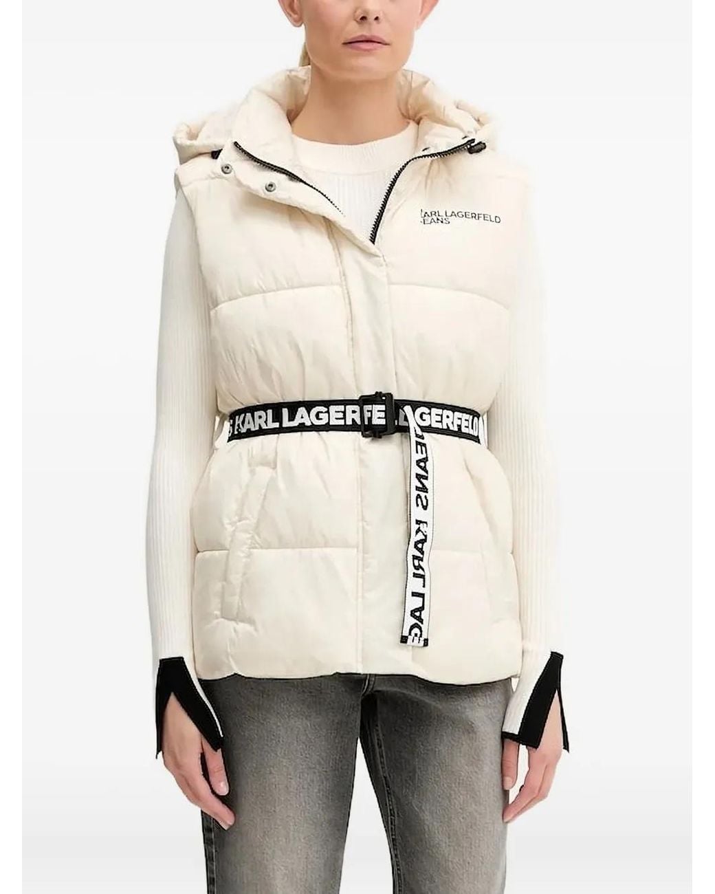 Karl Lagerfeld Natural Hooded Belted Puffer Gilet