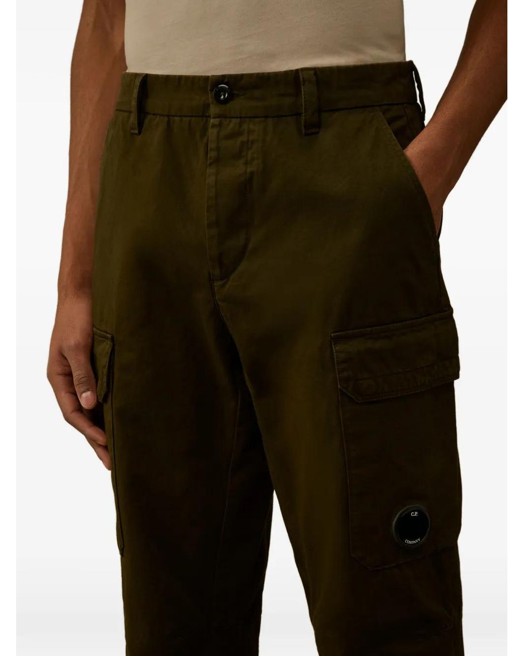 C P Company Green Cotton Gabardine Loose Cargo Trousers for men