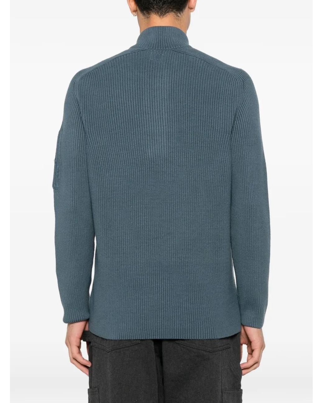 C P Company Blue Full Rib Cotton Half Button Lens Sweater for men