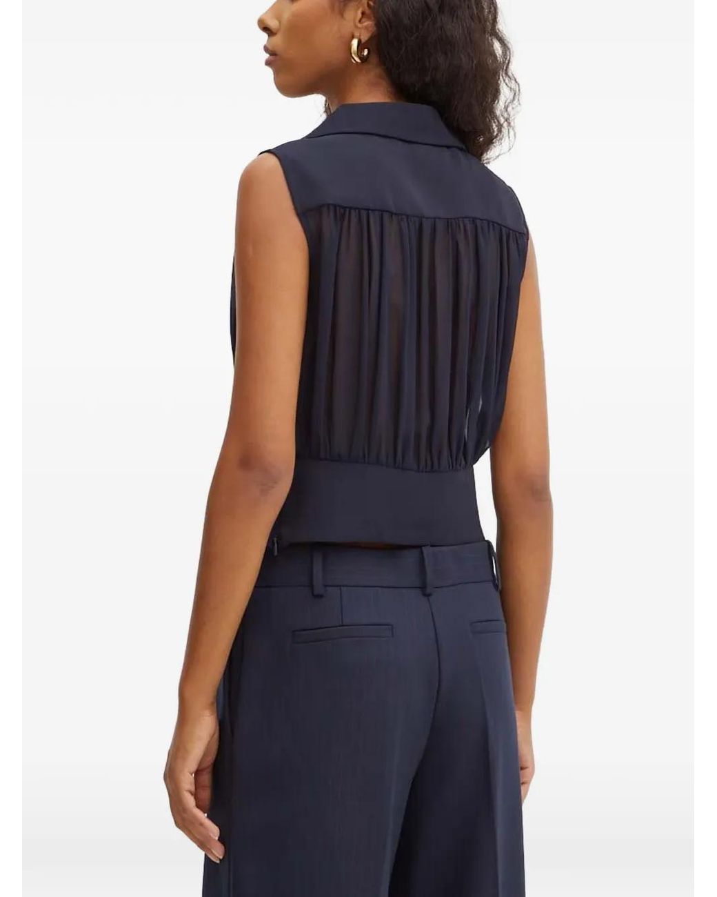 Morgan Blue Opli Pleated Sleeveless Button-Up Top