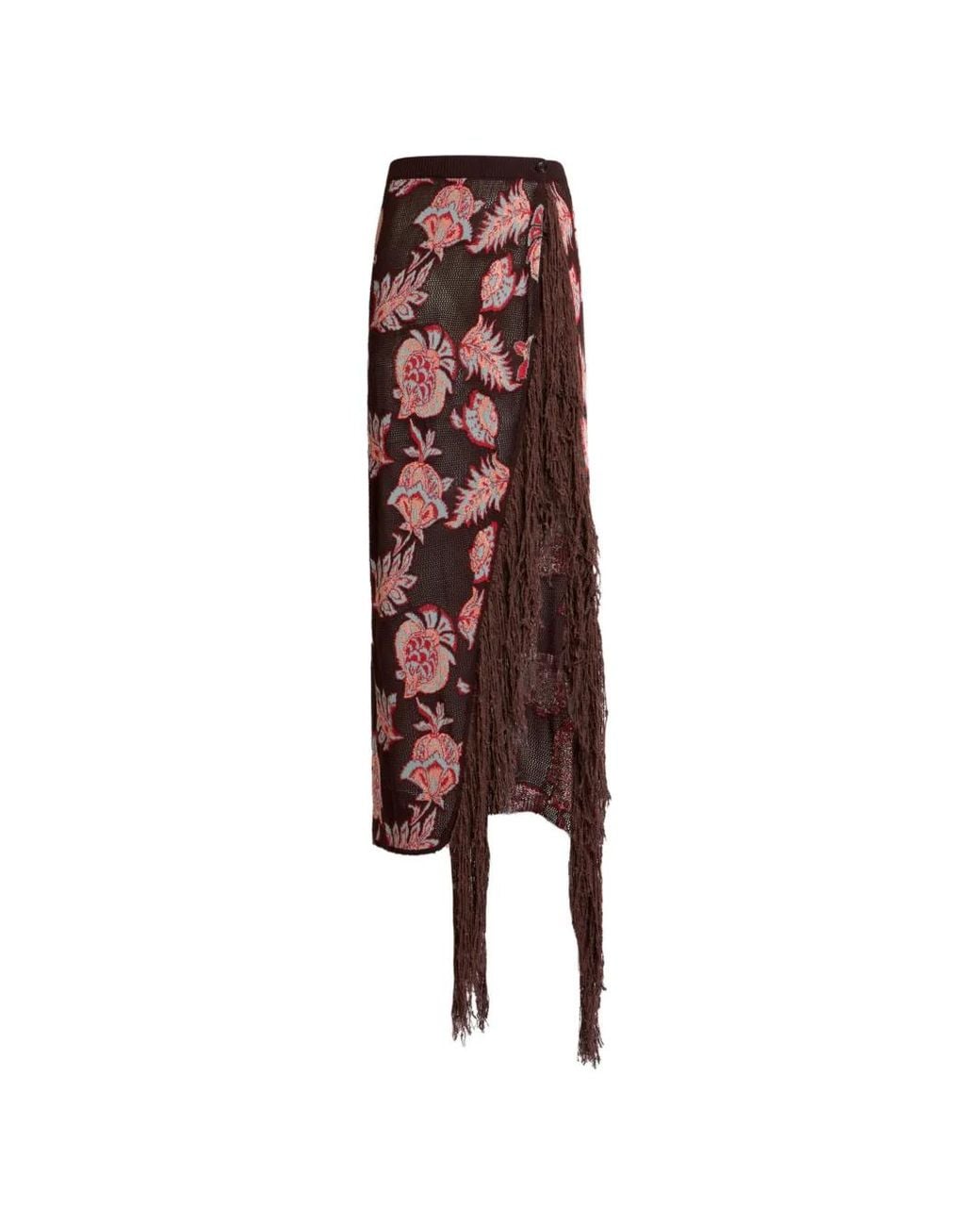 Etro Red Long Cotton Blend Jacquard Skirt With Fringe And Floral Pattern