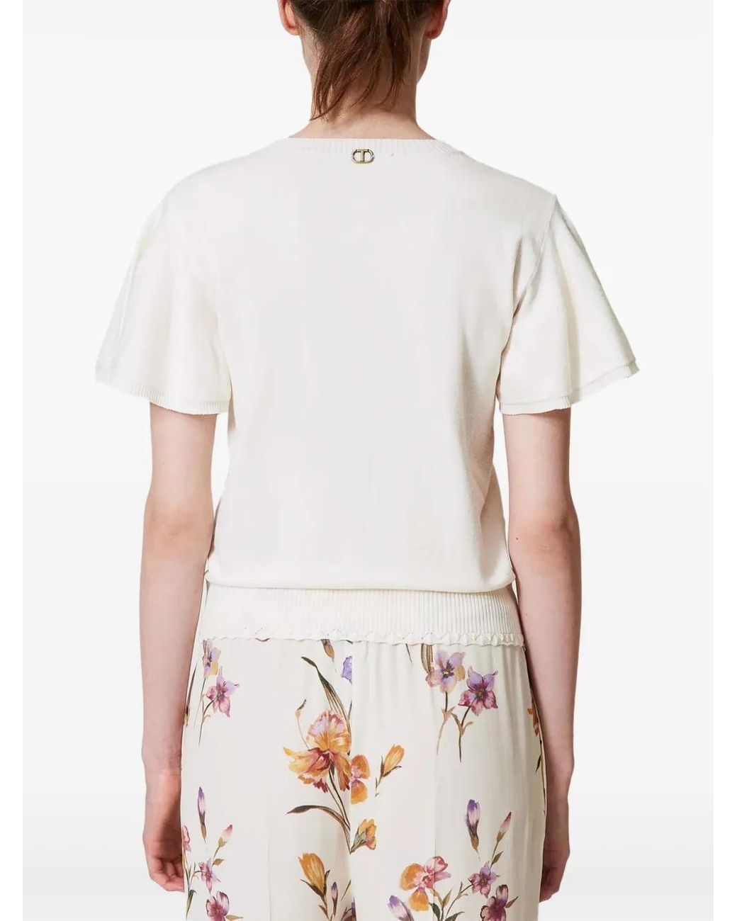 Twinset White T-Shirt En Maille À Ourlet Festonné