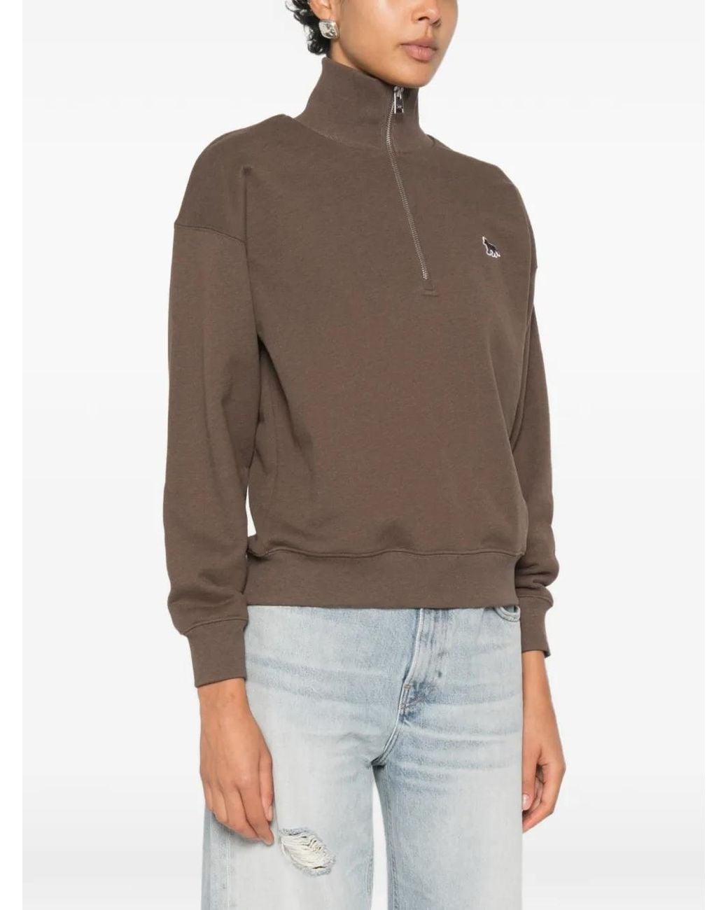 Maison Kitsuné Brown Logo-Patch Quarter-Zip Sweater