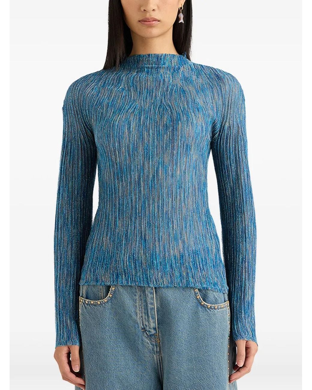 Momoní Blue Miraflores Ribbed Flared-Sleeves Top