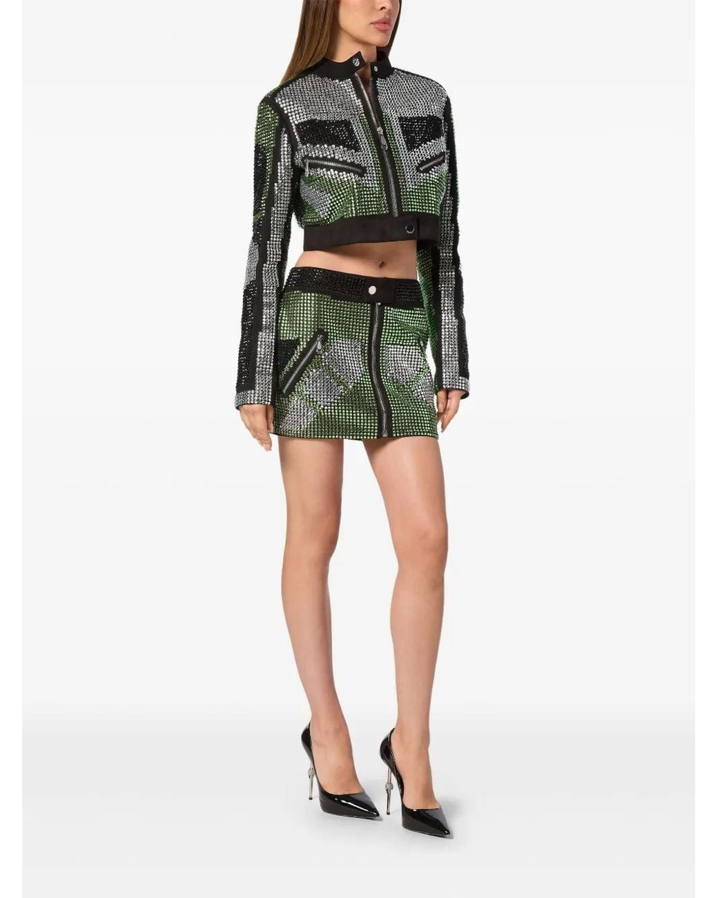 Philipp Plein Green Cropped Leather Biker Jacket Strass