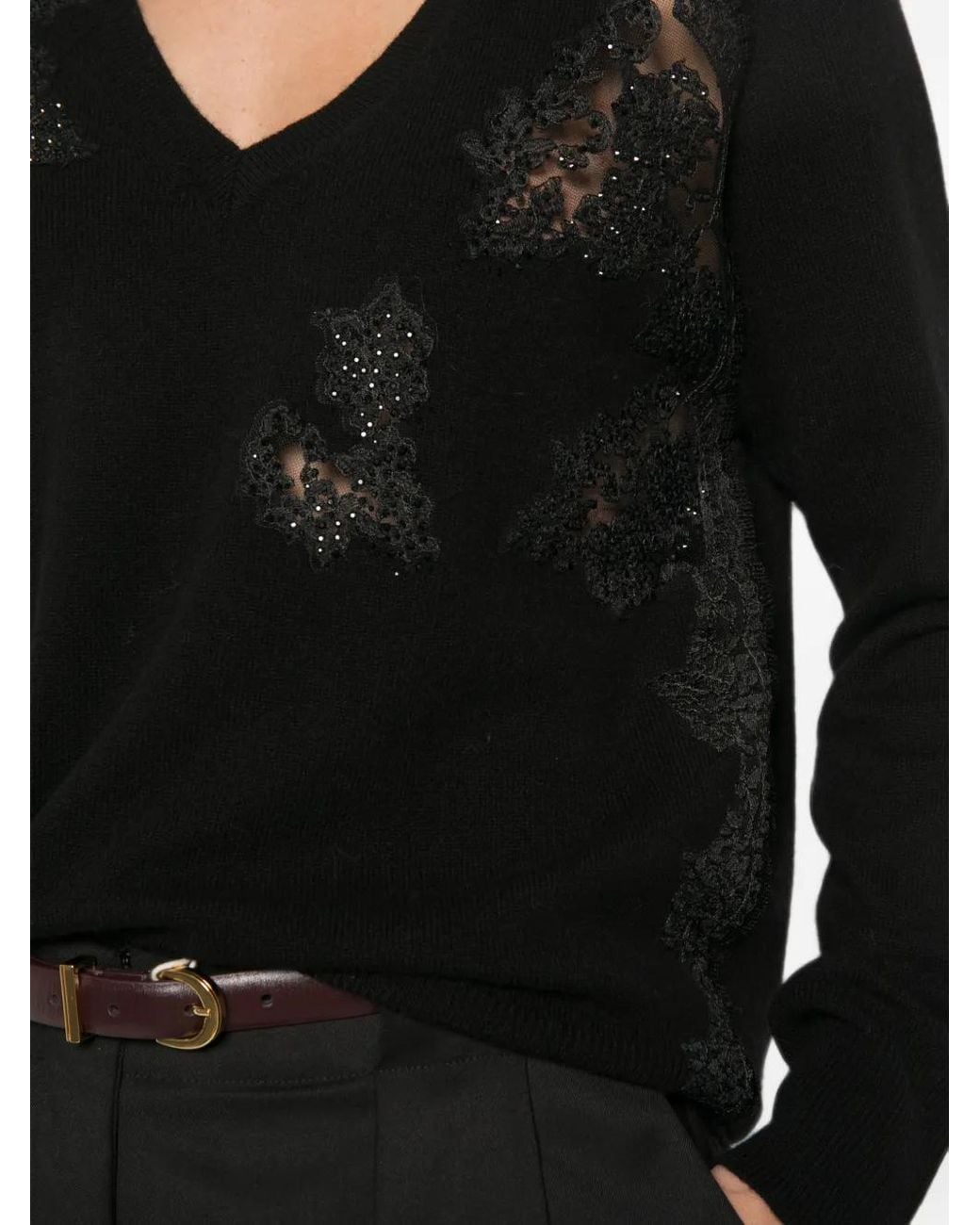 ERMANNO FIRENZE Black Lace-Panelled V-Neck Sweater