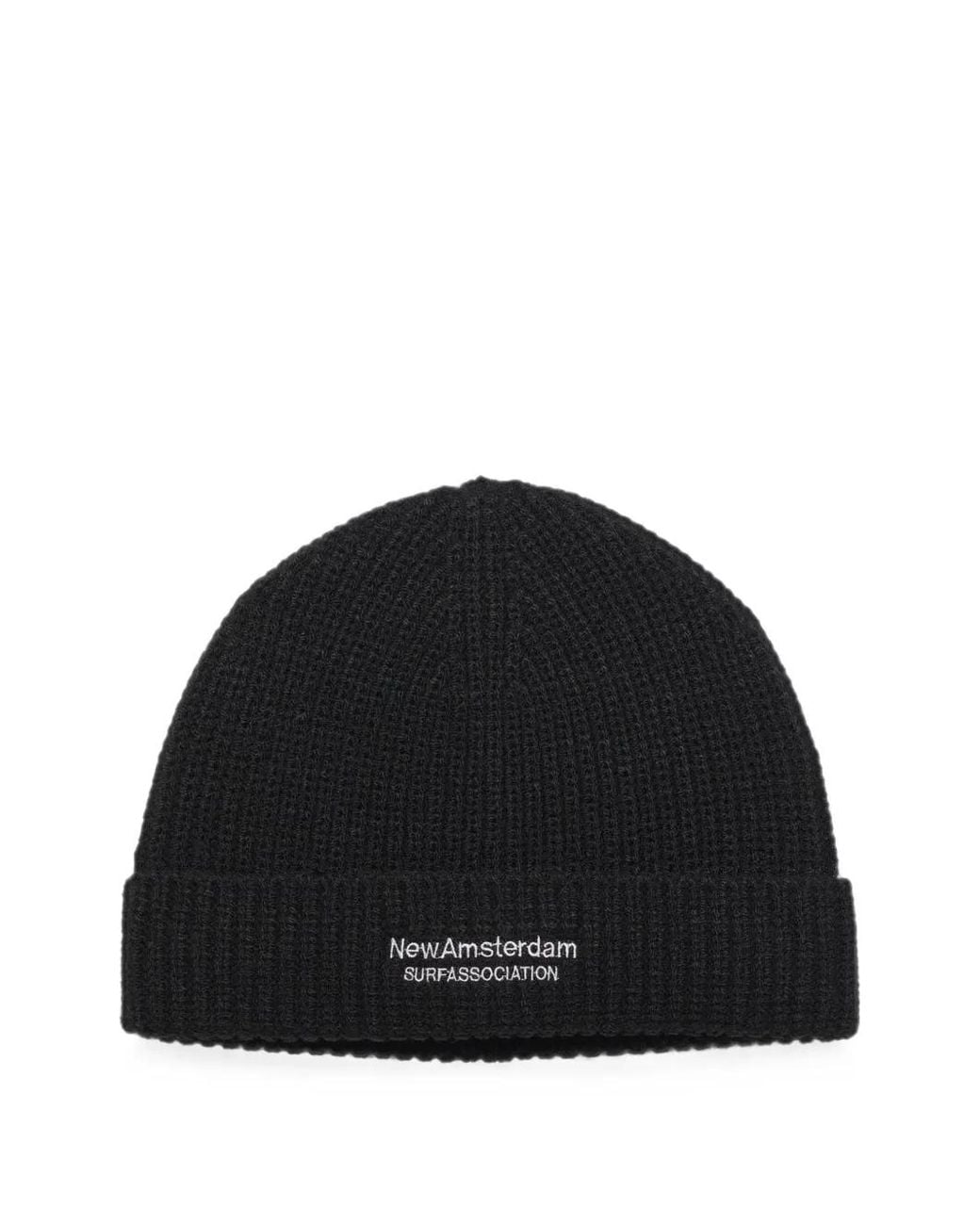 New Amsterdam Black Logo-Print Ribbed Beanie Hat