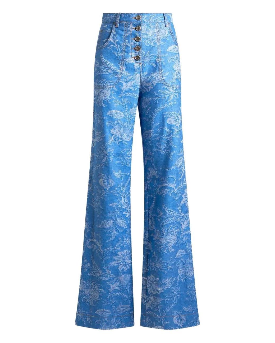 Etro Blue Flared Cotton And Linen Jacquard Denim Jeans With Floral Motif