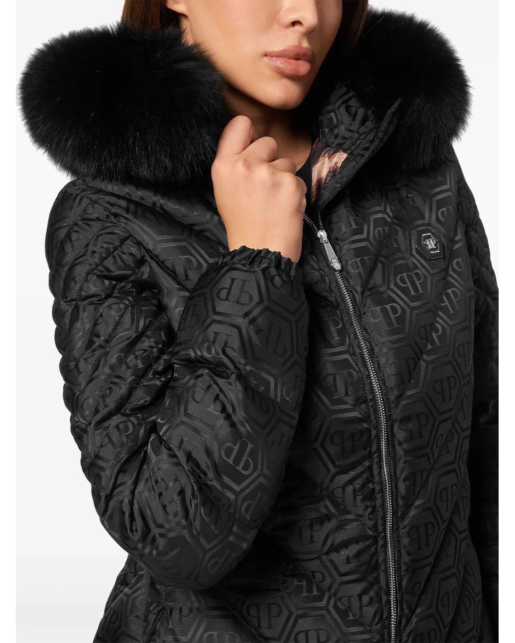 Philipp Plein Black Monogram Puffer Coat