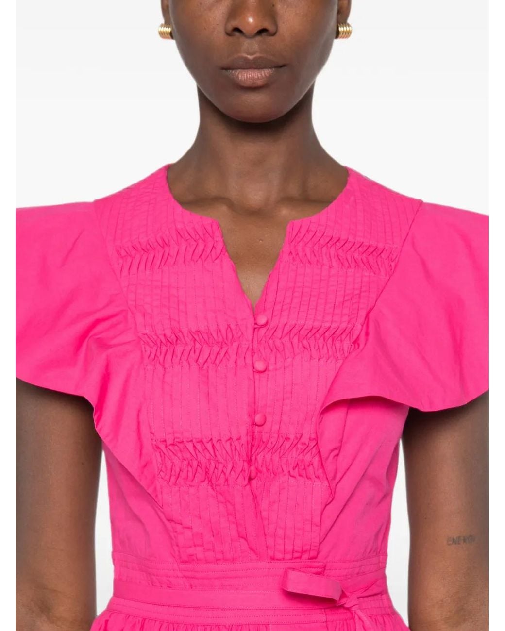 Mii Pink Lea Ruffled-Sleeves Midi Dress