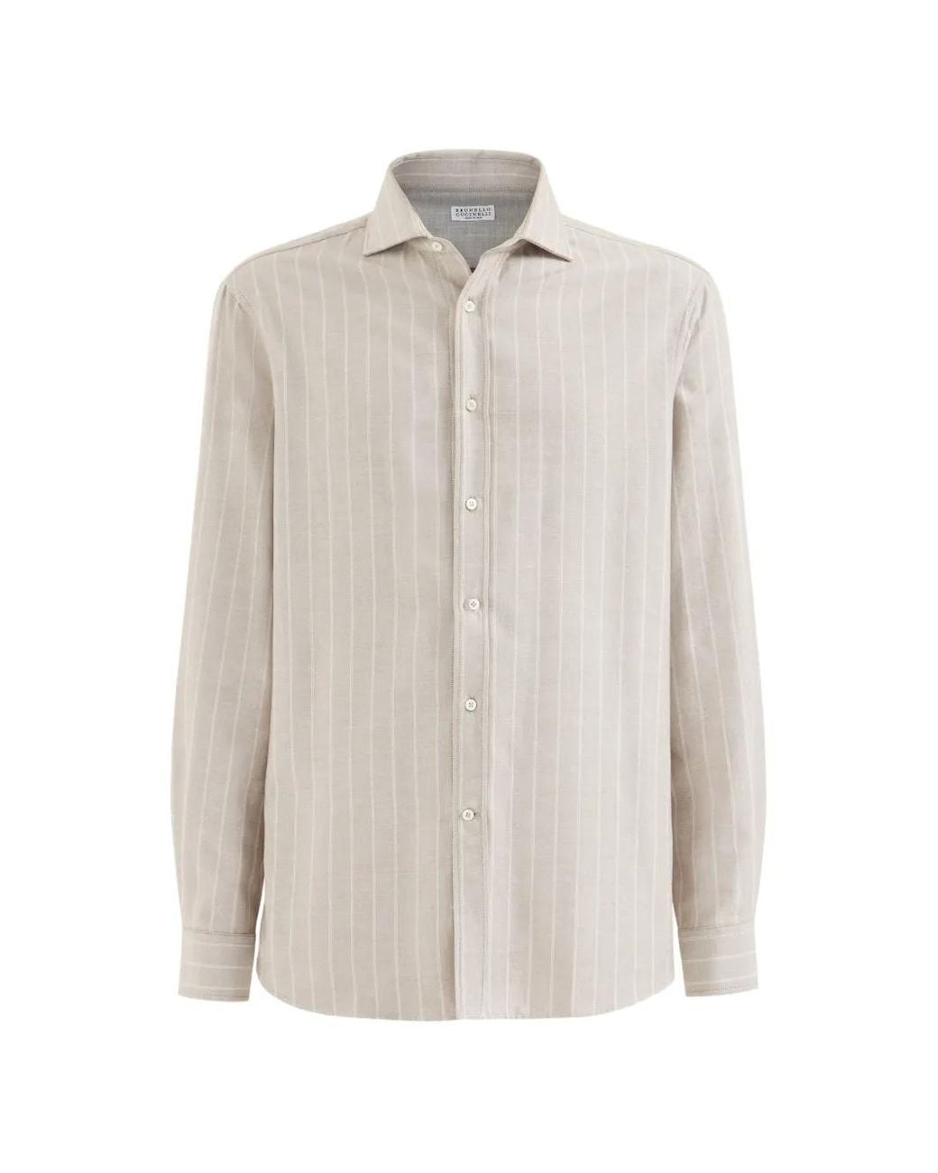 Brunello Cucinelli White Lyocell And Cotton Chalk Stripe Flannel Shirt With Spread Collar for men