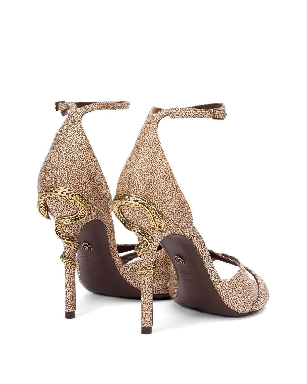 Roberto Cavalli White Snake-Motif Stingray-Effect Heeled Sandals