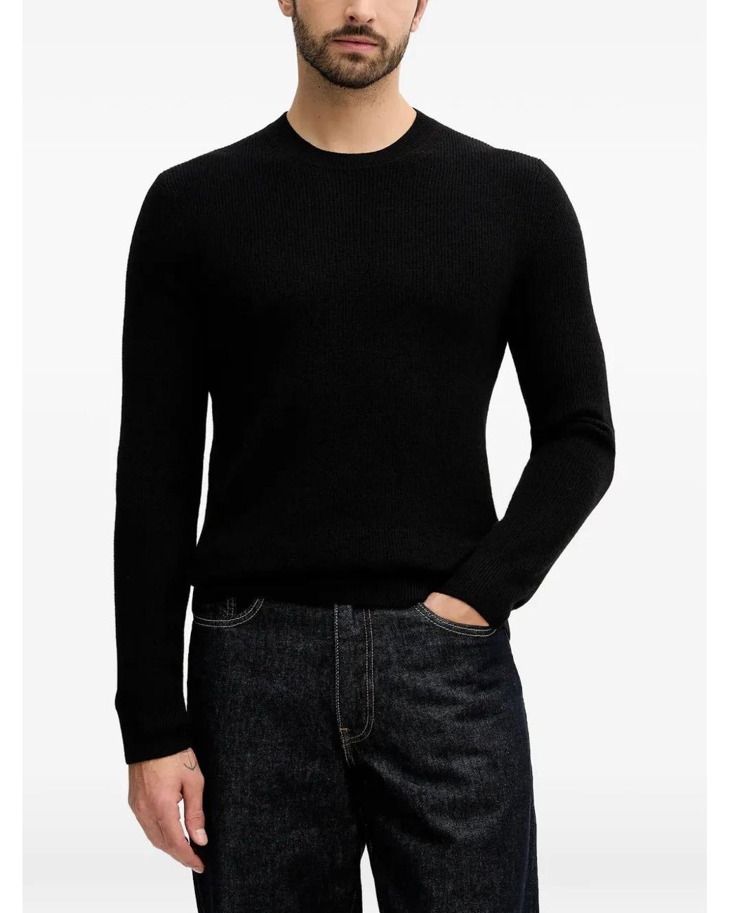 Sisley Black Ribbed Crew-Neck Sweater for men