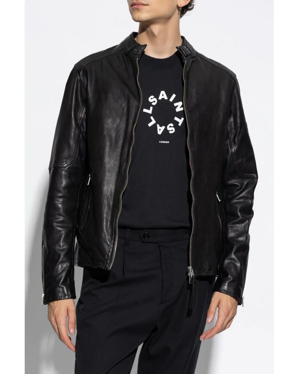 AllSaints Black Sheepskin Leather Biker Jacket for men