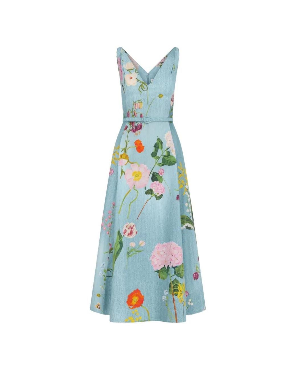 Oscar de la Renta Blue Mixed Botanical Cotton Poplin Dress