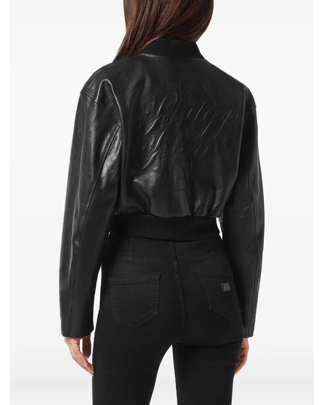 Philipp Plein Black Cropped Leather Bomber Embossed Signature