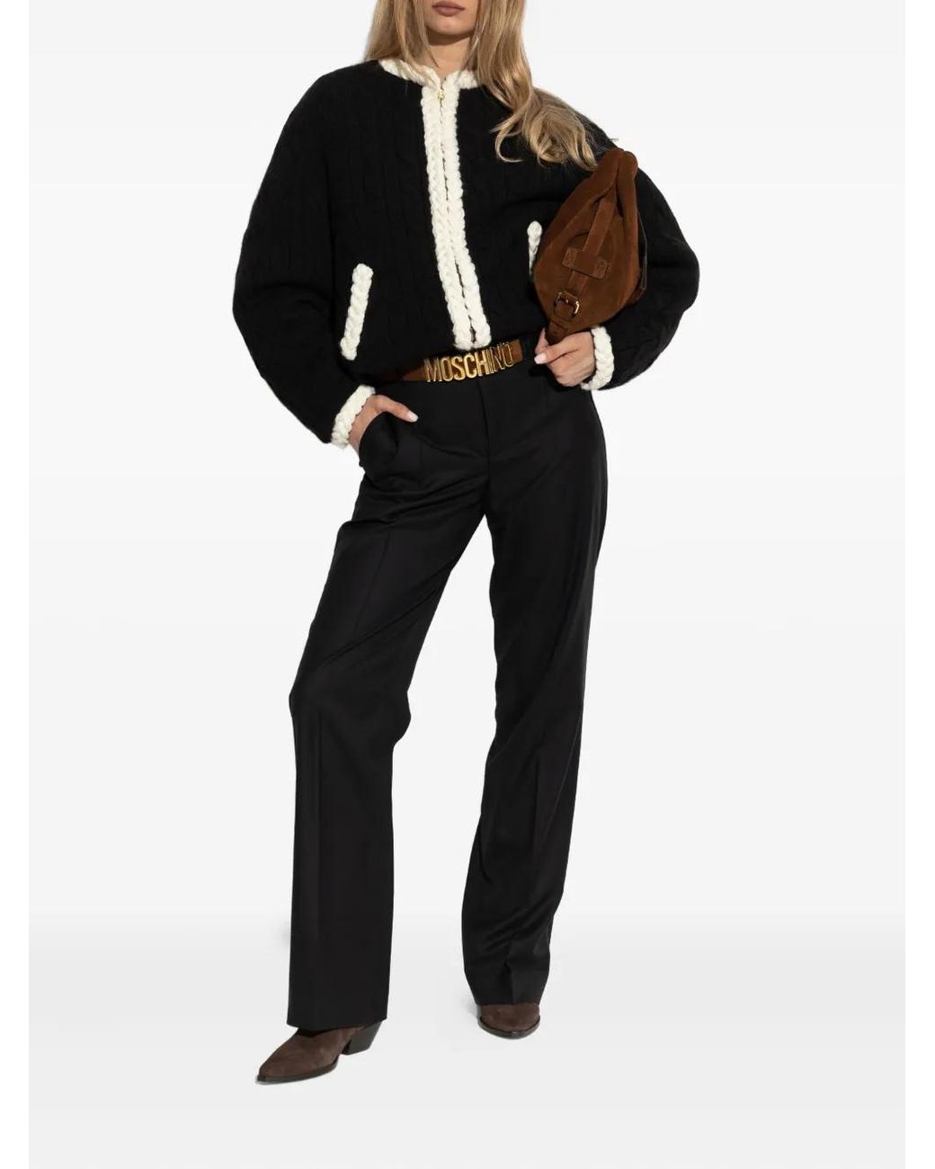 Moschino Black Cable-Knit Elbow-Patch Jacket