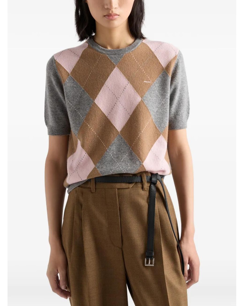 Prada Gray Short-Sleeved Argyle Cashmere Sweater