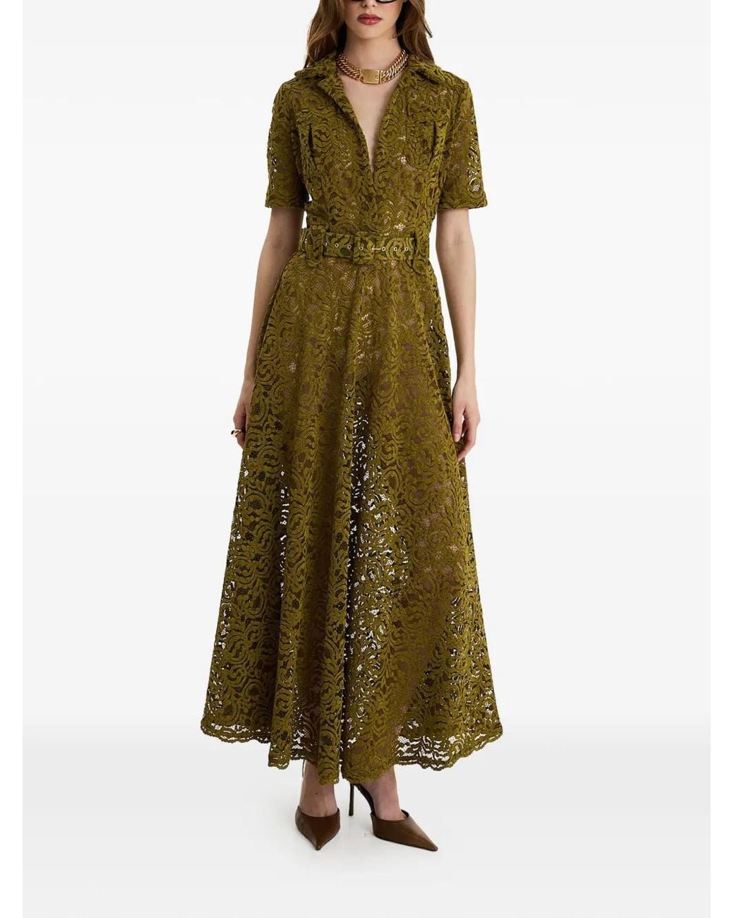 MOOS STUDIO Green Sinner Lace Belted Maxi Dress