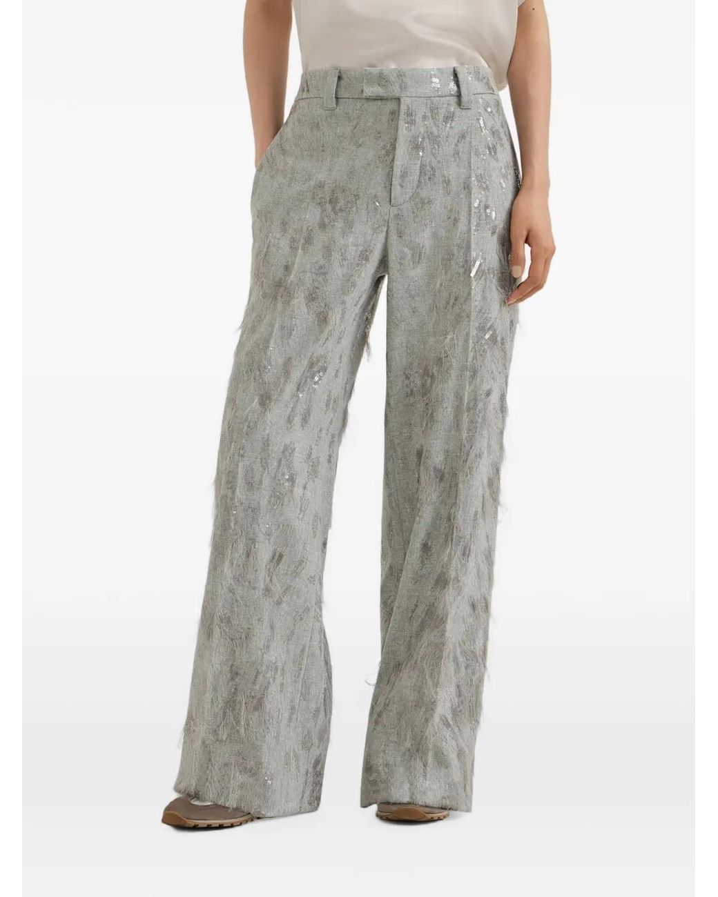 Brunello Cucinelli Gray Pantalon Évasé En Flanelle De En Laine Vierge Et Cachemire À Broderie Dazzling Lynx