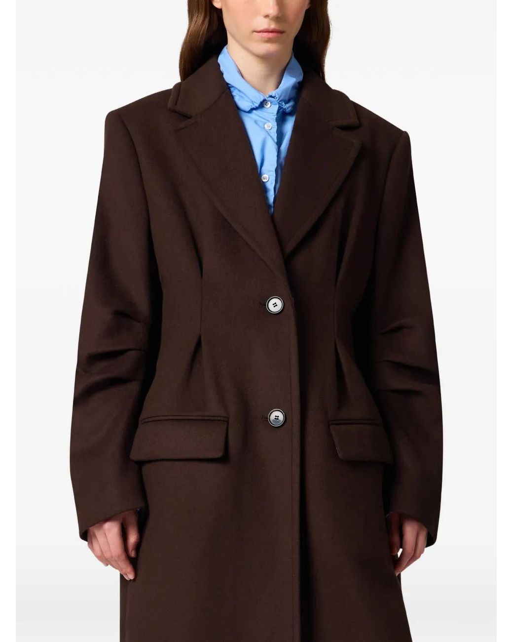 MSGM Brown Pleated-Sleeve Notched-Lapels Coat