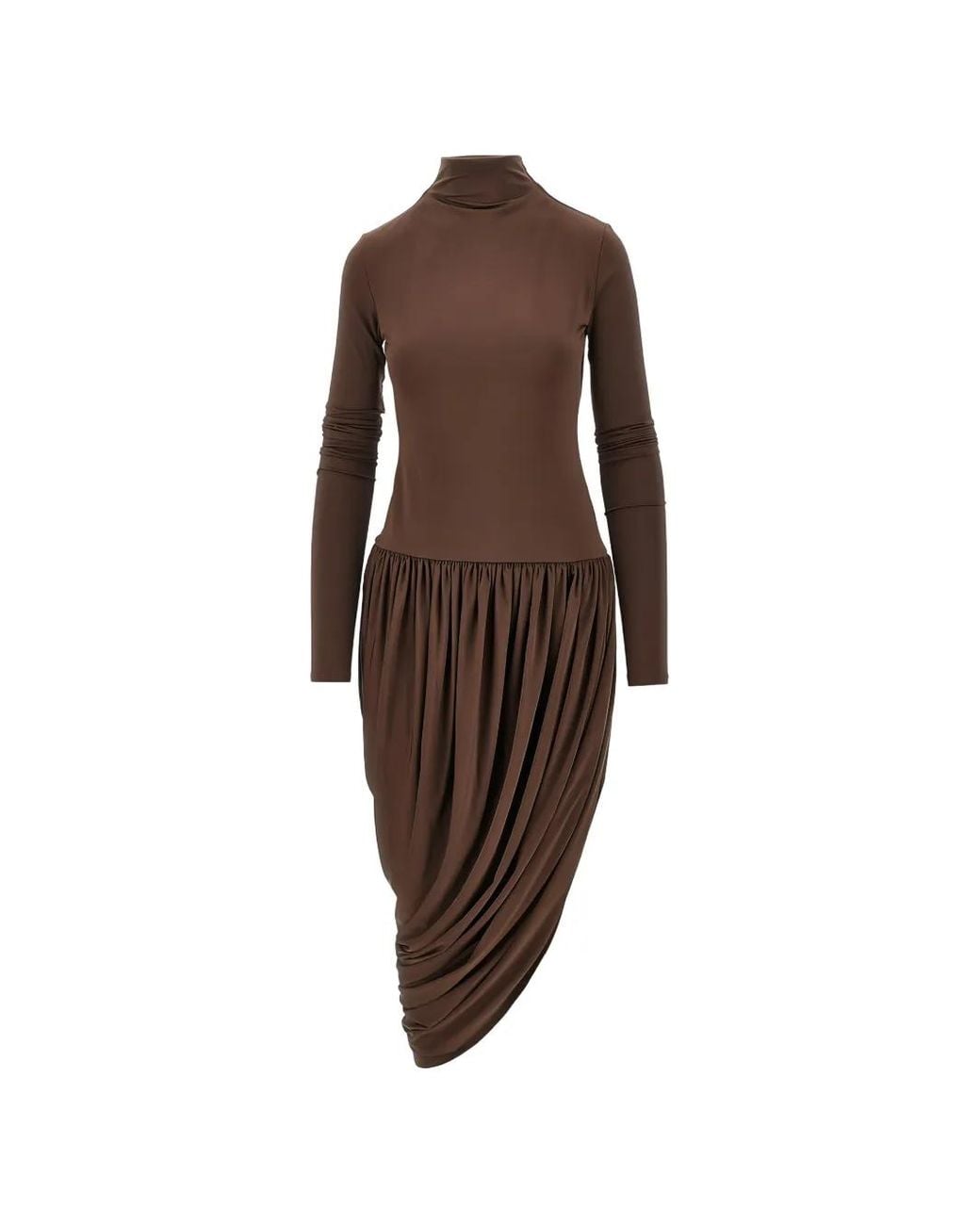 ANDAMANE Brown High-Neck Draped Midi Dress