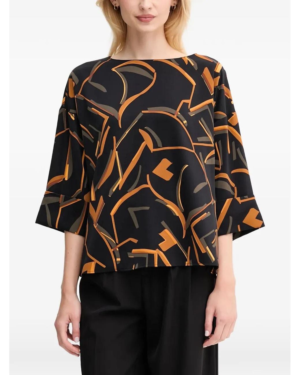 Joseph Ribkoff Black Geometric-Print Flared-Sleeve Blouse