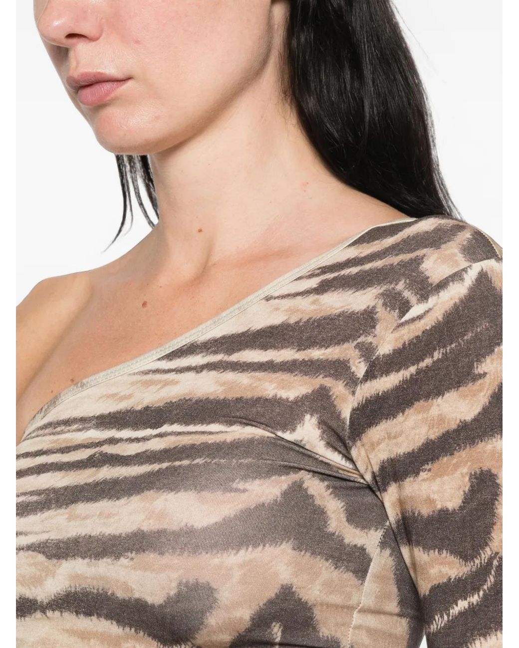 Baserange Natural Tiger-Print One-Shoulder Blouse