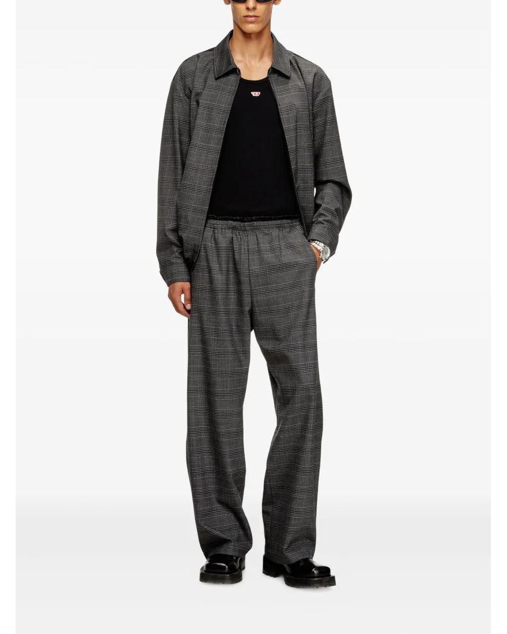 DIESEL Gray P-Tilson Elasticated-Waist Checked Trousers for men