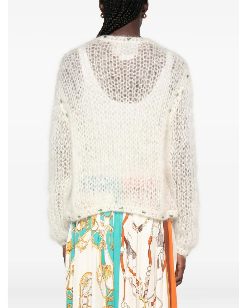Forte_forte White Open-Knit Bead-Embellished Cardigan