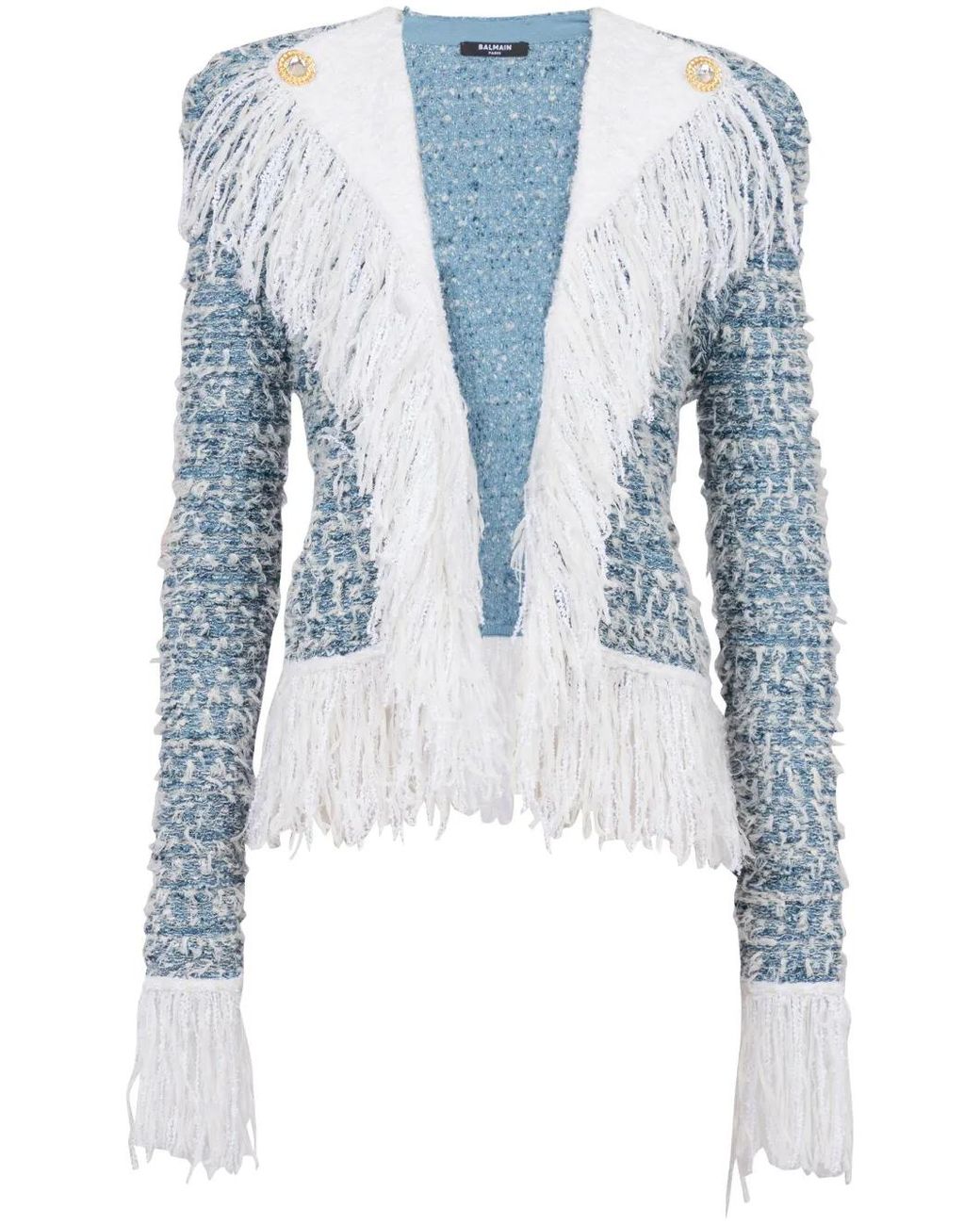 Balmain Fringed Denim Tweed Jas in het Blue