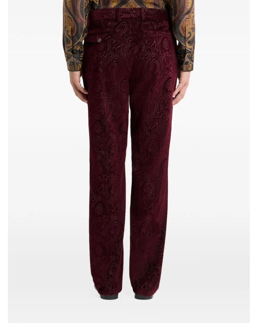 Etro Red Straight-Leg Cotton Velvet Trousers With Arnica Motif for men