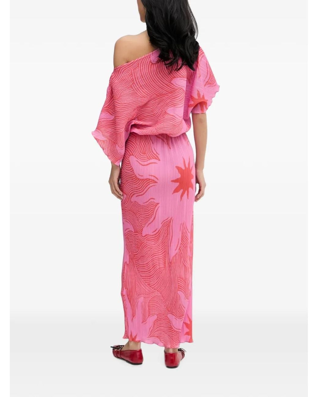 Never Fully Dressed Pink Plissé-Effect Sun-Print Midi Dress