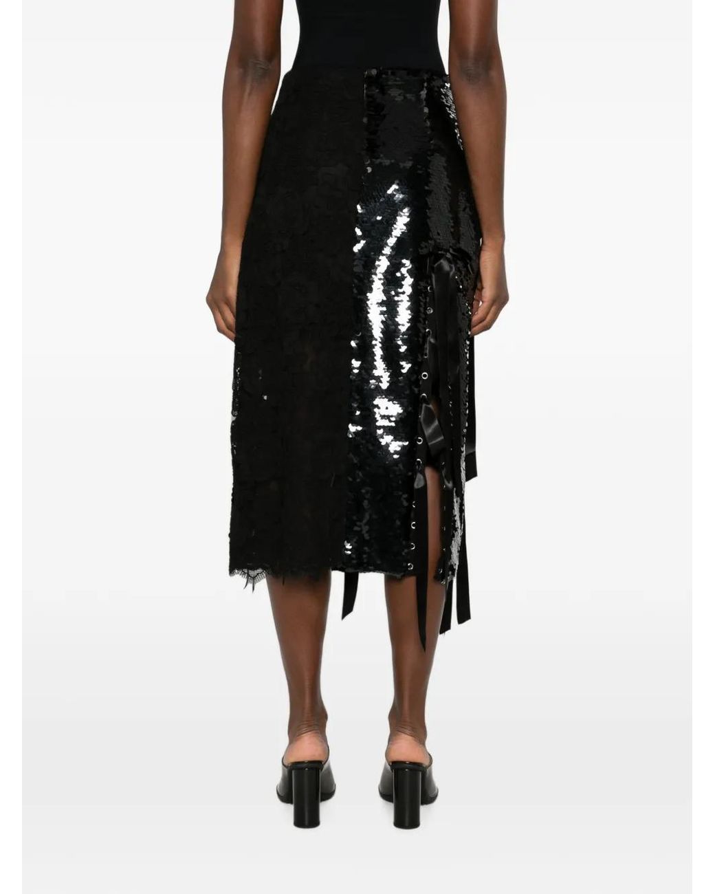 Simone Rocha Black Jupe Mi-Longue À Sequins Et Patchwork De Dentelle