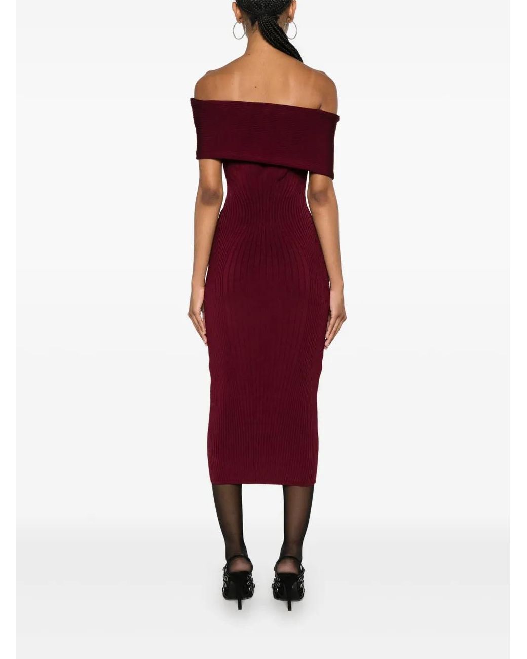 Mugler Red Off-Shoulder Knit Dress