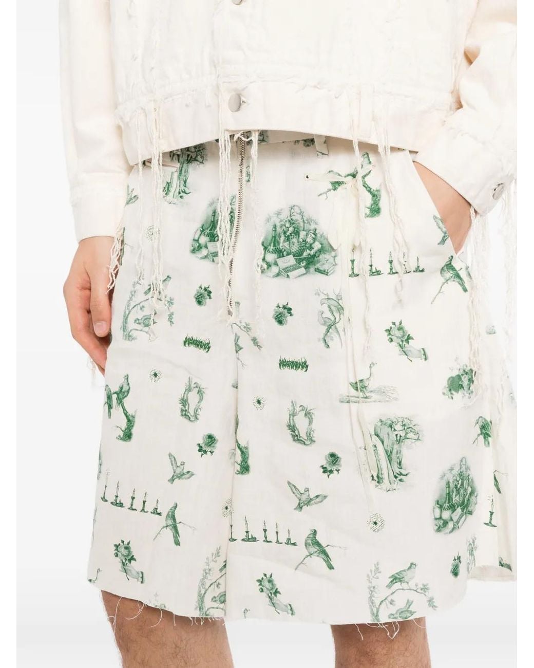 Midorikawa White Graphic-Print Raw-Edge Shorts for men