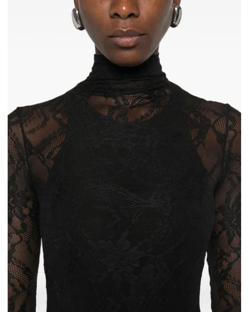 ANDAMANE Black Ziggy Lace-Patterned High-Neck Bodysuit