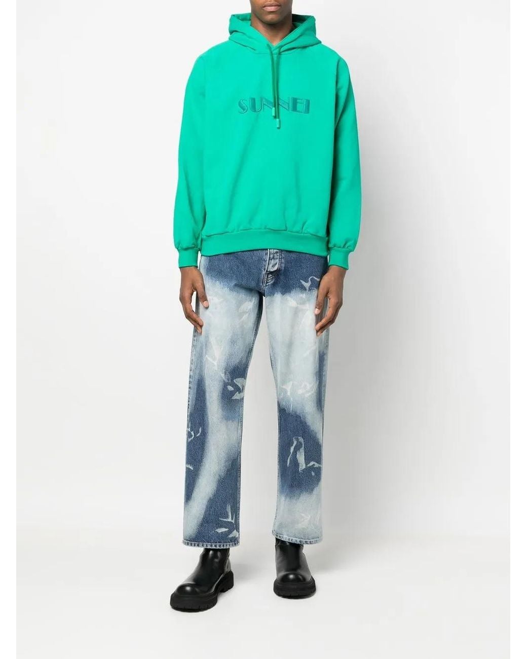 Sunnei Green Logo Drawstring Hoodie for men